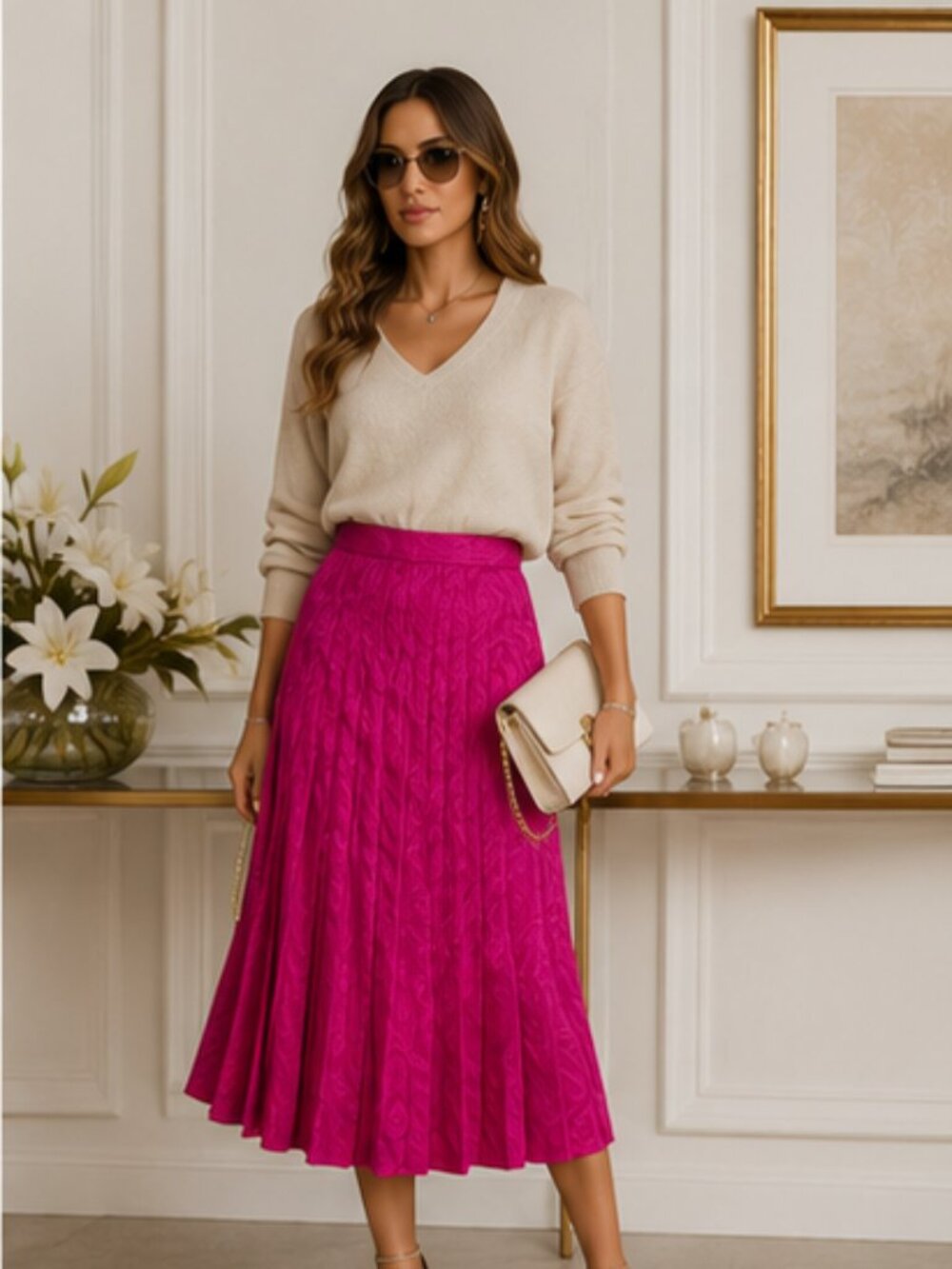 Vintage 100% Silk Fuchsia Pleated Midi Skirt Size 12